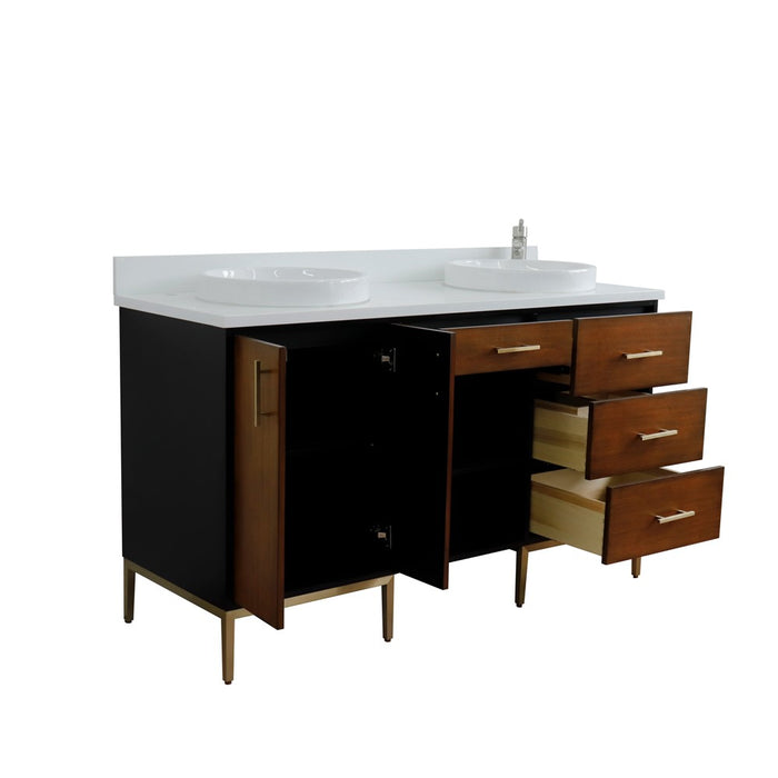 Bellaterra Home Imola 61" Double sink vanity in Walnut and Black finish and White quartz and round sink