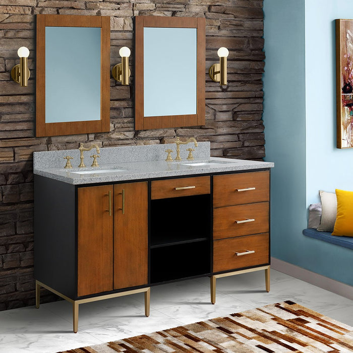 Bellaterra Home Imola 61" Double sink vanity in Walnut and Black finish and Gray granite and rectangle sink