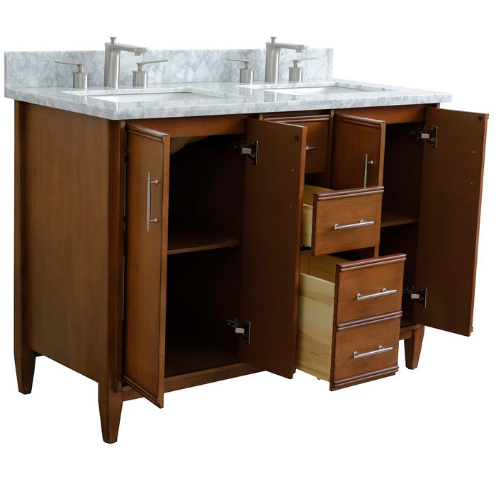 Bellaterra Home MCM 49" Double sink vanity in Walnut finish with White Carrara marble and rectangle sink