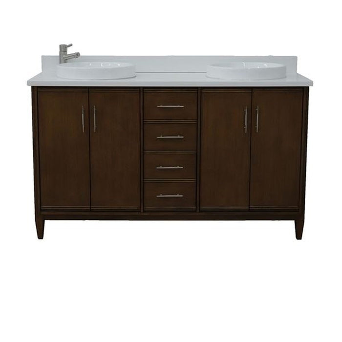 Bellaterra Home MCM 61" Double sink vanity in Walnut finish with White quartz and round sink