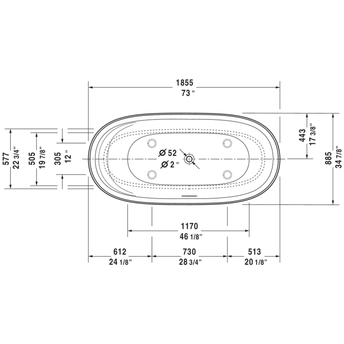 Duravit Cape Cod 73" Free Standing Resin Soaking Tub with Center Drain and Overflow 700330000000090