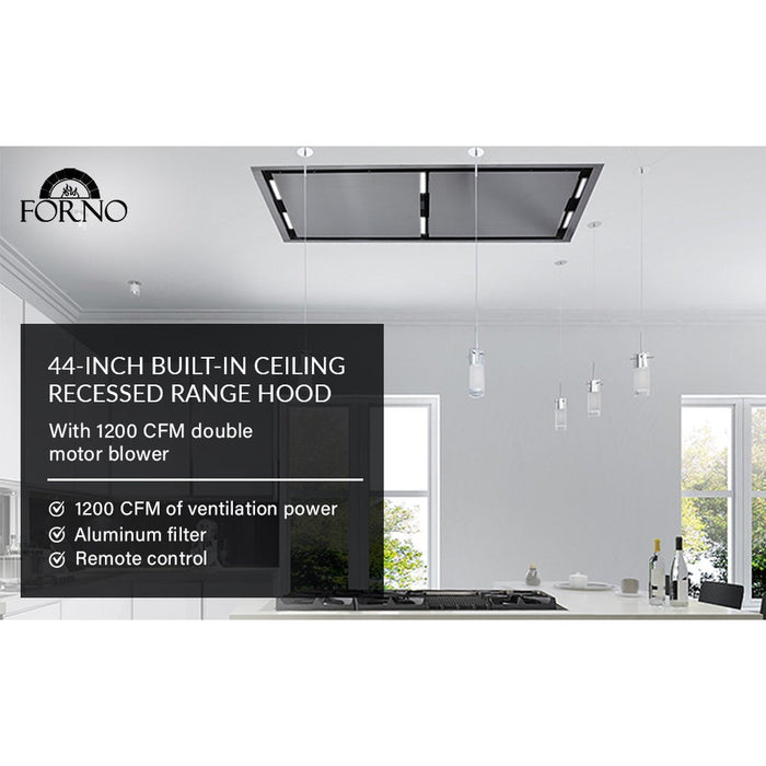 FORNO Arezzo 44-Inch Recessed Ceiling Range Hood, Dual Motors, 1200 CFM, Hybrid Filters, Remote Control