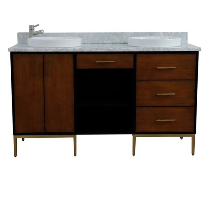 Bellaterra Home Imola 61" Double sink vanity in Walnut and Black finish and White Carrara marble and round sink