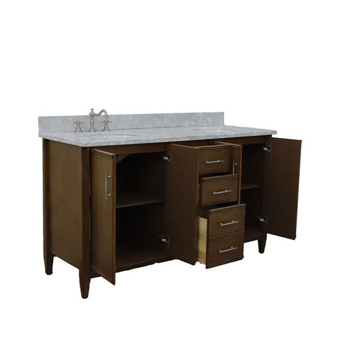 Bellaterra Home MCM 61" Double sink vanity in Walnut finish with White Carrara marble and oval sink