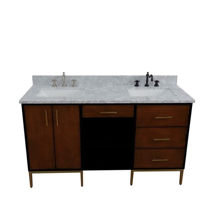 Bellaterra Home Imola 61" Double sink vanity in Walnut and Black finish and White Carrara marble and rectangle sink