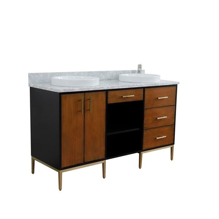 Bellaterra Home Imola 61" Double sink vanity in Walnut and Black finish and White Carrara marble and round sink