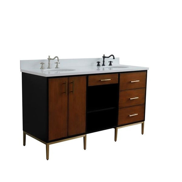 Bellaterra Home Imola 61" Double sink vanity in Walnut and Black finish and White quartz and oval sink