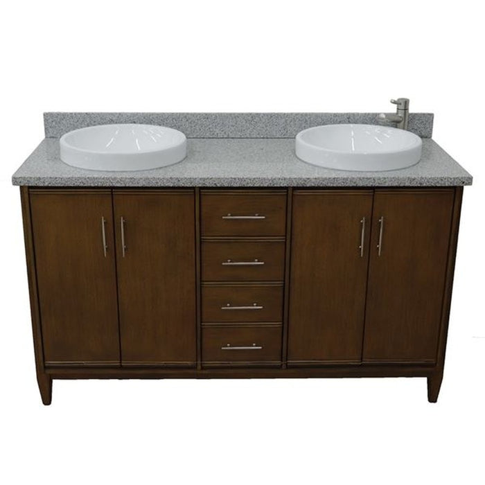 Bellaterra Home MCM 61" Double sink vanity in Walnut finish with Gray granite and round sink