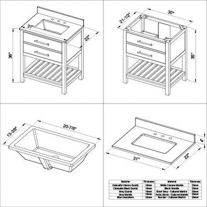 Jeffrey Alexander 30" Grey Wavecrest Vanity, Calacatta Vienna Quartz Vanity Top, undermount rectangle bowl