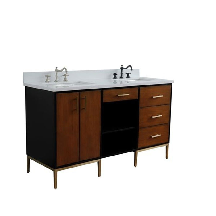 Bellaterra Home Imola 61" Double sink vanity in Walnut and Black finish and White quartz and rectangle sink