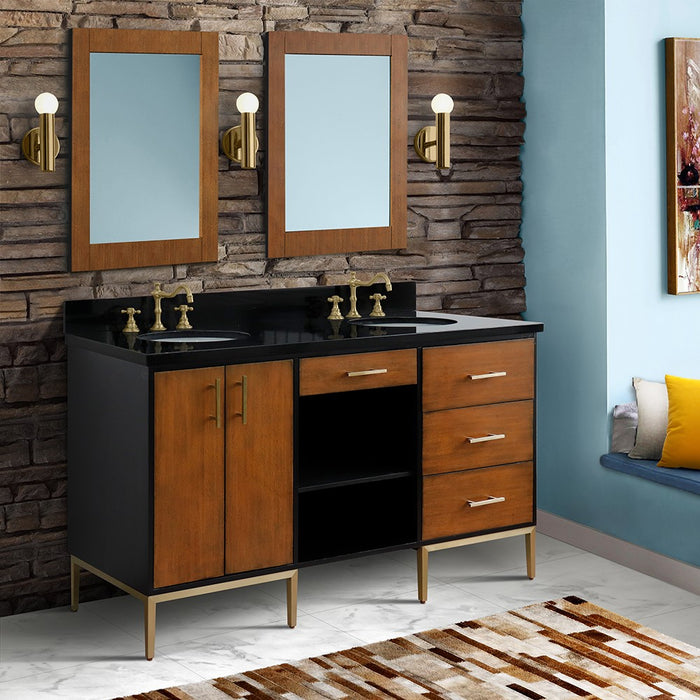 Bellaterra Home Imola 61" Double sink vanity in Walnut and Black finish and Black galaxy granite and oval sink