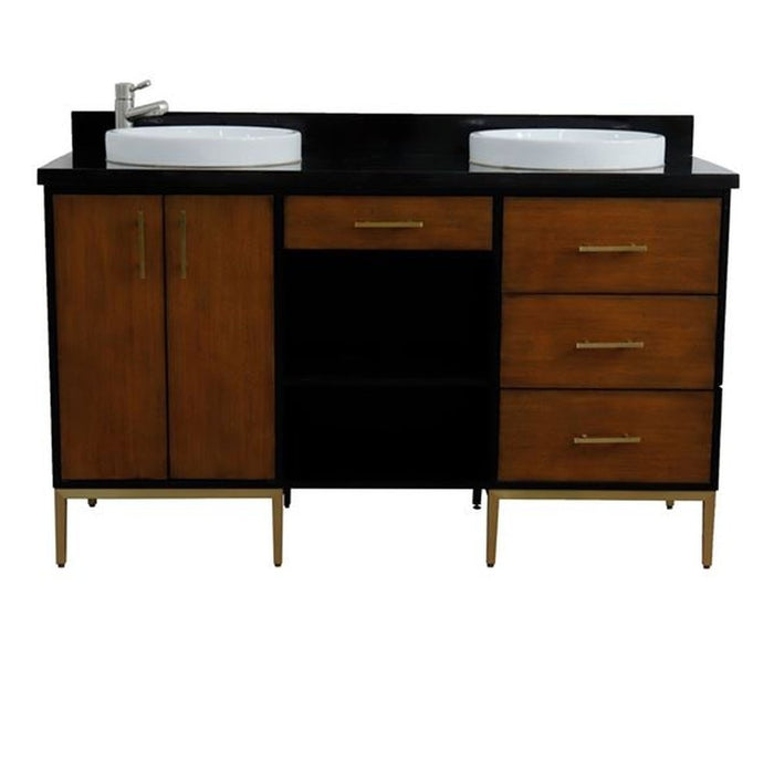 Bellaterra Home Imola 61" Double sink vanity in Walnut and Black finish and Black galaxy granite and round sink