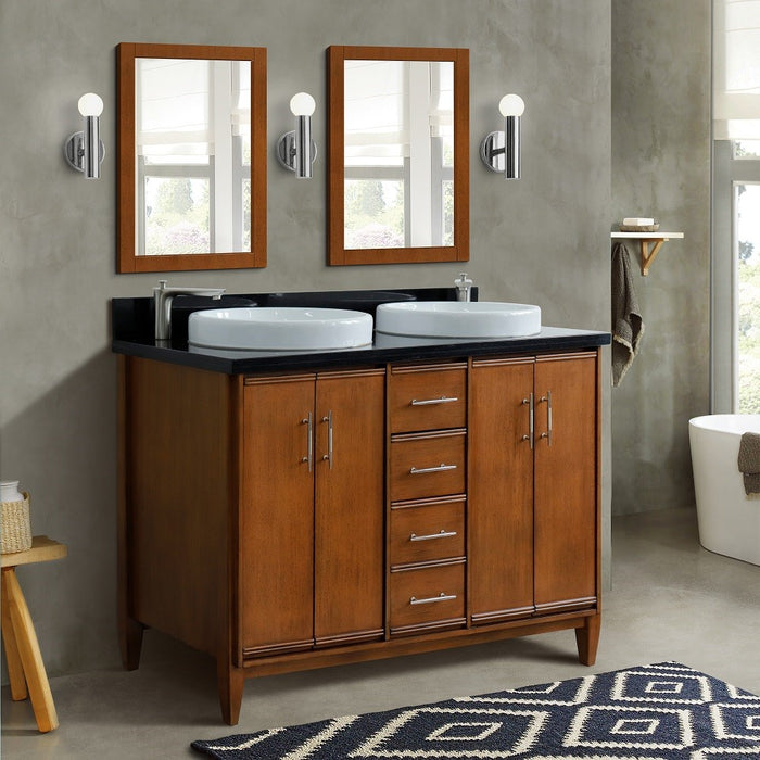 Bellaterra Home MCM 49" Double sink vanity in Walnut finish with Black galaxy granite and round sink