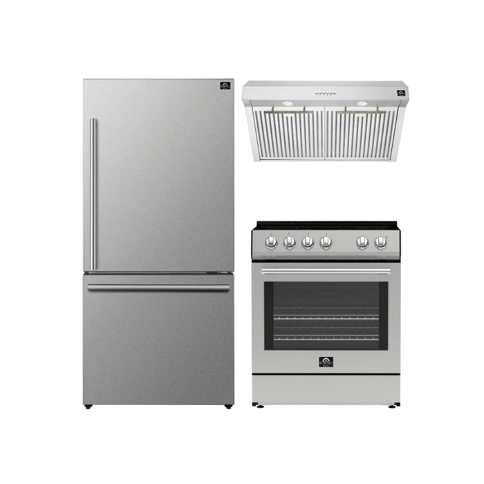 FORNO Premium 3-Piece Kitchen Bundle - Leonardo Espresso 30" Stainless Steel Range, 31" Stainless Steel Bottom Freezer Refrigerator, 30" Stainless Steel Under Cabinet Range Hood - FBDL-001-01US