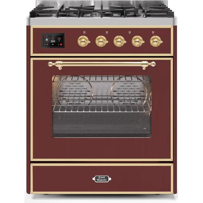 ILVE 30" Majestic II Series Gas Burner and Electric Oven Range with 5 Sealed Burners (UM30DNE3) - Burgundy with Brass Trim