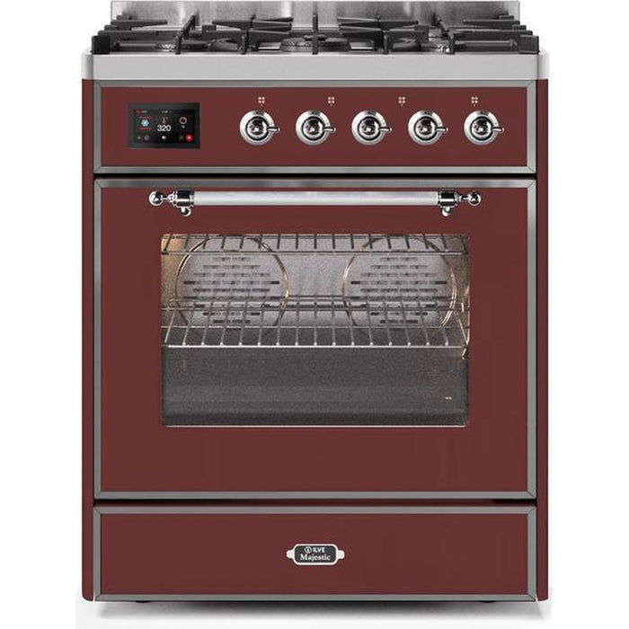 ILVE 30" Majestic II Series Gas Burner and Electric Oven Range with 5 Sealed Burners (UM30DNE3) - Burgundy with Chrome Trim