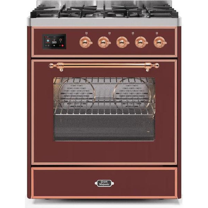 ILVE 30" Majestic II Series Gas Burner and Electric Oven Range with 5 Sealed Burners (UM30DNE3) - Burgundy with Copper trim