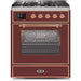 ILVE 30" Majestic II Series Gas Burner and Electric Oven Range with 5 Sealed Burners (UM30DNE3) - Burgundy with Copper trim