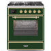 ILVE 30" Majestic II Series Gas Burner and Electric Oven Range with 5 Sealed Burners (UM30DNE3) - Emerald Green with Brass Trim