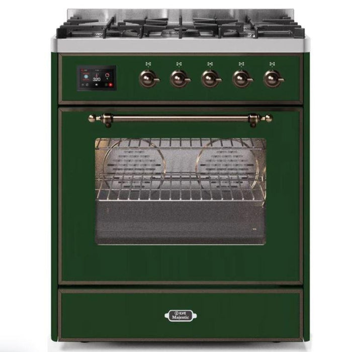 ILVE 30" Majestic II Series Gas Burner and Electric Oven Range with 5 Sealed Burners (UM30DNE3) - Emerald Green with Bronze Trim