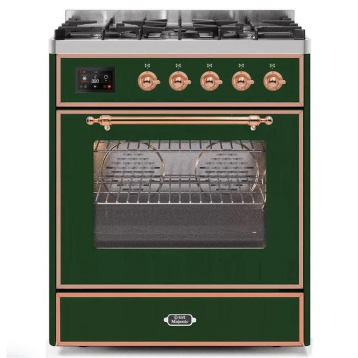 ILVE 30" Majestic II Series Gas Burner and Electric Oven Range with 5 Sealed Burners (UM30DNE3) - Emerald Green with Copper Trim