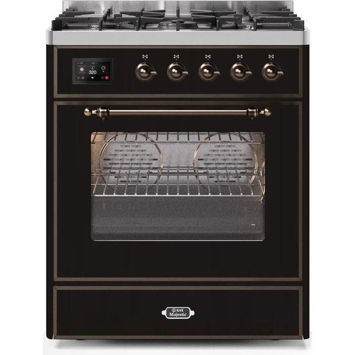 ILVE 30" Majestic II Series Gas Burner and Electric Oven Range with 5 Sealed Burners - Glossy Black with Bronze Trim