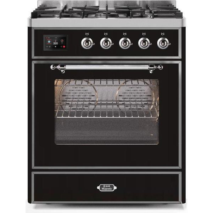 ILVE 30" Majestic II Series Gas Burner and Electric Oven Range with 5 Sealed Burners (UM30DNE3) - Glossy Black with Chrome Trim