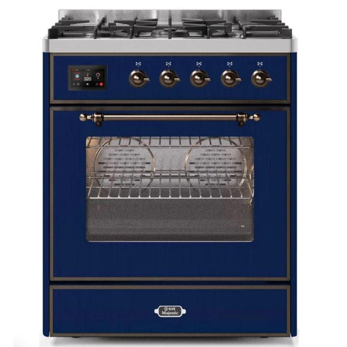 ILVE 30" Majestic II Series Gas Burner and Electric Oven Range with 5 Sealed Burners (UM30DNE3) - Midnight Blue with Brass Trim