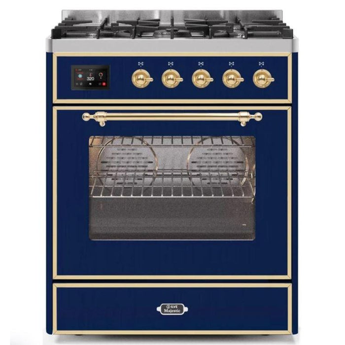 ILVE 30" Majestic II Series Gas Burner and Electric Oven Range with 5 Sealed Burners (UM30DNE3) - Midnight Blue with Bronze Trim