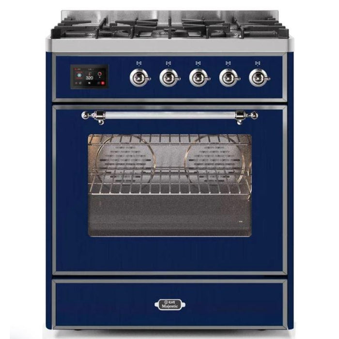 ILVE 30" Majestic II Series Gas Burner and Electric Oven Range with 5 Sealed Burners (UM30DNE3) - Midnight Blue with Chrome Trim