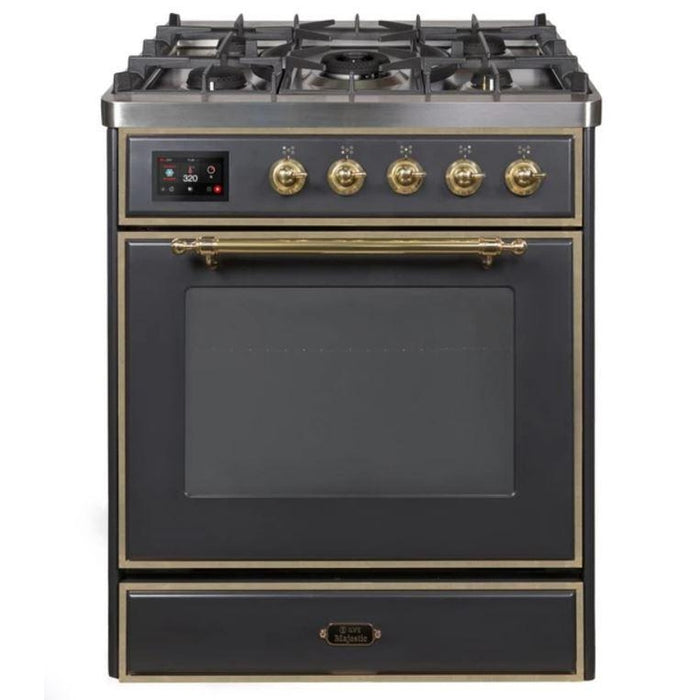 ILVE 30" Majestic II Series Gas Burner and Electric Oven Range with 5 Sealed Burners (UM30DNE3) - Matte Graphite with Brass Trim