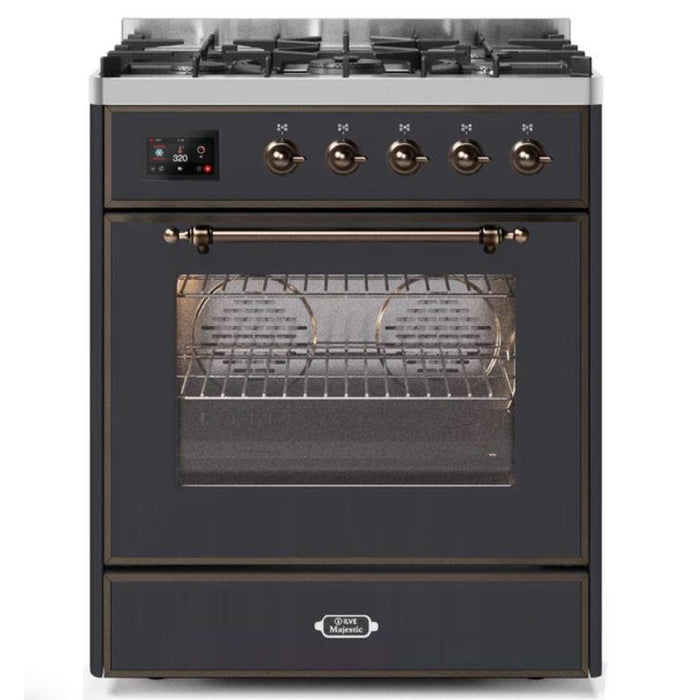 ILVE 30" Majestic II Series Gas Burner and Electric Oven Range with 5 Sealed Burners (UM30DNE3) - Matte Graphite with Bronze Trim