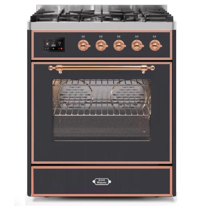 ILVE 30" Majestic II Series Gas Burner and Electric Oven Range with 5 Sealed Burners (UM30DNE3) - Matte Graphite with Copper Trim