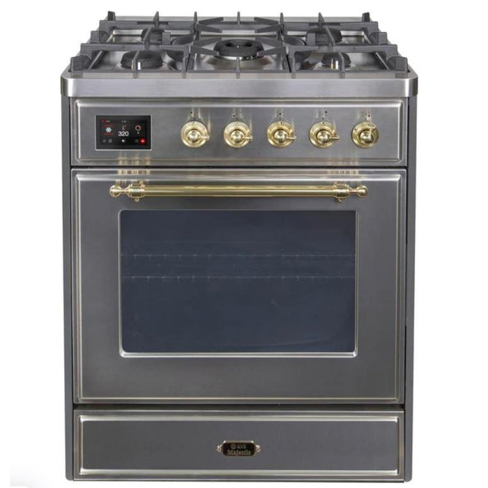 ILVE 30" Majestic II Series Gas Burner and Electric Oven Range with 5 Sealed Burners (UM30DNE3) - Stainless Steel with Brass Trim