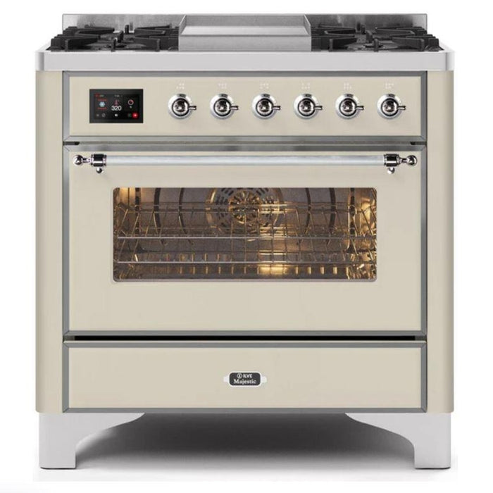 ILVE - Majestic II Series - 36 Inch Dual Fuel Freestanding Range Gas/Propane (UM09FDNS3) - Antique White with Chrome Trim