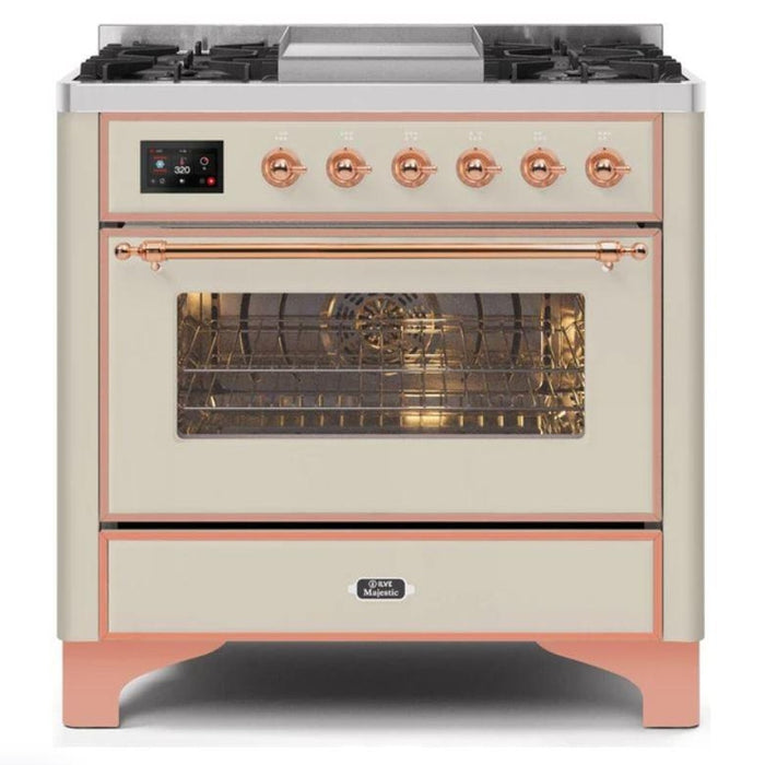 ILVE - Majestic II Series - 36 Inch Dual Fuel Freestanding Range Gas/Propane (UM09FDNS3) - Antique White with Copper Trim