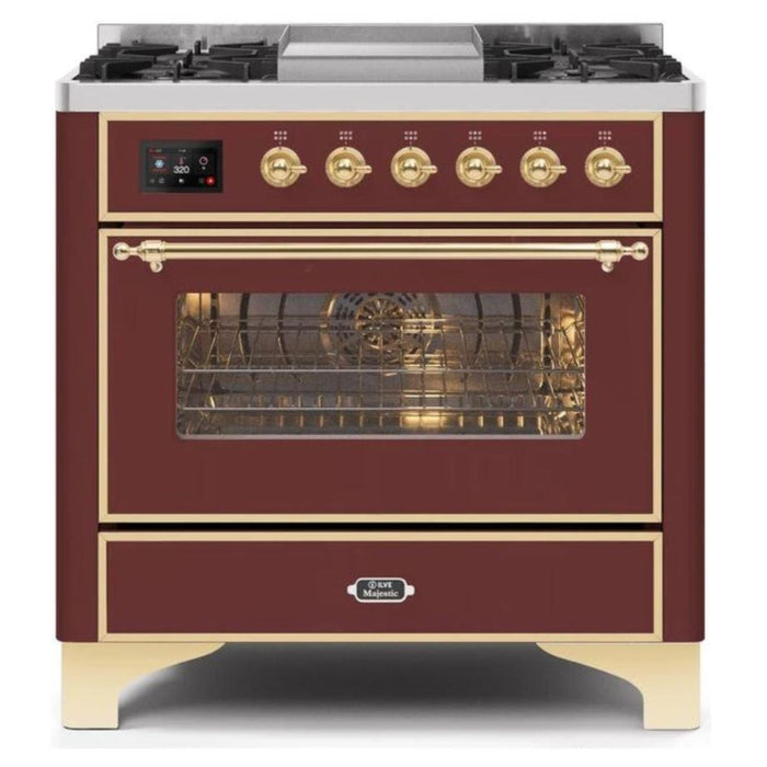 ILVE - Majestic II Series - 36 Inch Dual Fuel Freestanding Range Gas/Propane (UM09FDNS3) - Burgundy Brass Trim