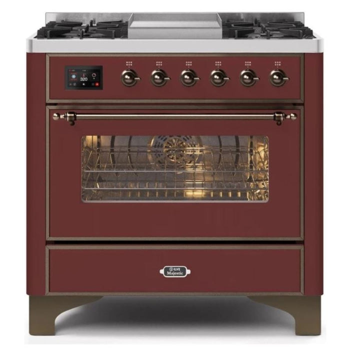 ILVE - Majestic II Series - 36 Inch Dual Fuel Freestanding Range Gas/Propane (UM09FDNS3) - Burgundy Bronze Trim