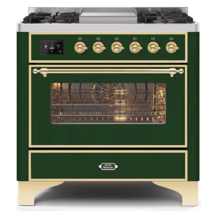 ILVE - Majestic II Series - 36 Inch Dual Fuel Freestanding Range Gas/Propane (UM09FDNS3) - Emerald Green Brass Trim