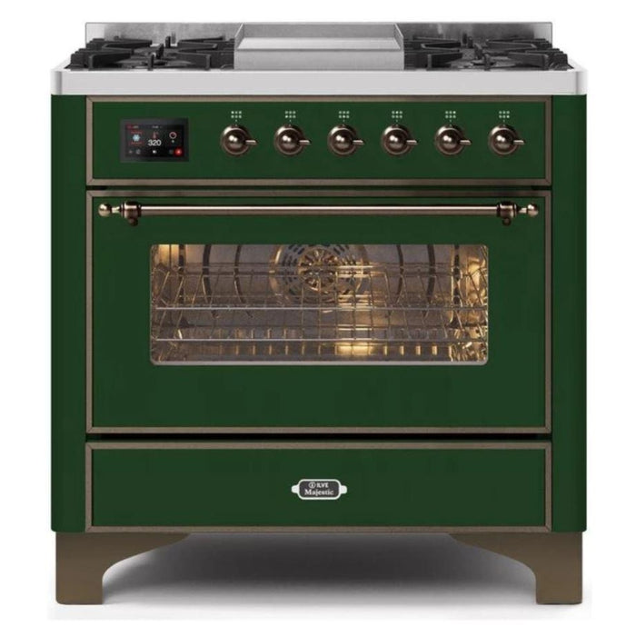 ILVE - Majestic II Series - 36 Inch Dual Fuel Freestanding Range Gas/Propane (UM09FDNS3) - Emerald Green Bronze Trim