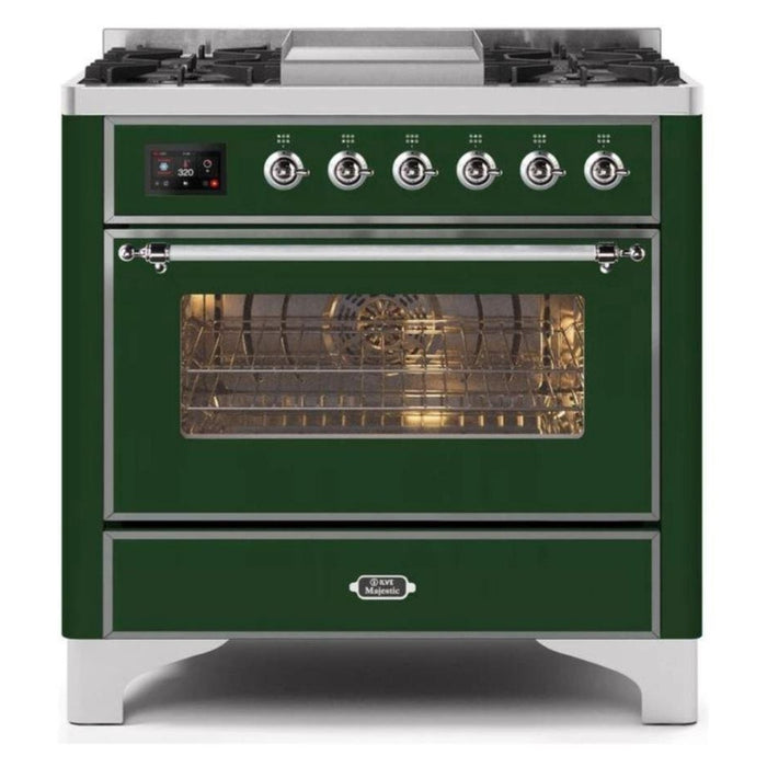 ILVE - Majestic II Series - 36 Inch Dual Fuel Freestanding Range Gas/Propane (UM09FDNS3) - Emerald Green Chrome Trim