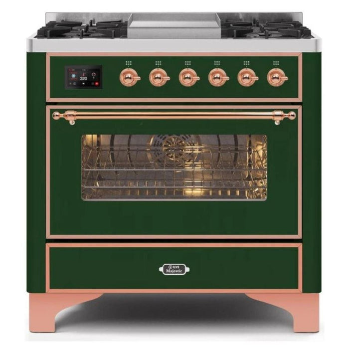 ILVE - Majestic II Series - 36 Inch Dual Fuel Freestanding Range Gas/Propane (UM09FDNS3) - Emerald Green Copper Trim