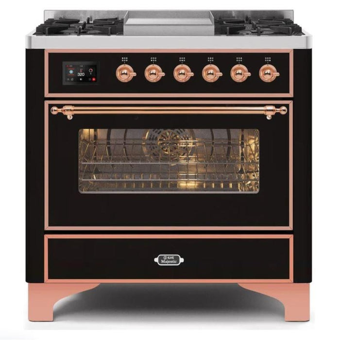 ILVE - Majestic II Series - 36 Inch Dual Fuel Freestanding Range Gas/Propane (UM09FDNS3) - Glossy Black with Copper Trim