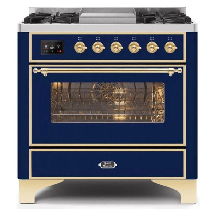 ILVE - Majestic II Series - 36 Inch Dual Fuel Freestanding Range Gas/Propane (UM09FDNS3) - Midnight Blue Brass Trim