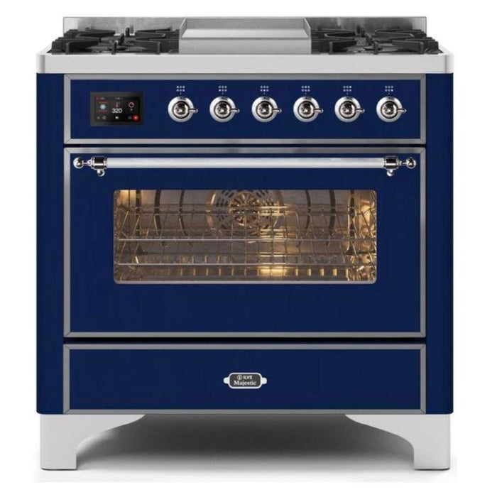 ILVE - Majestic II Series - 36 Inch Dual Fuel Freestanding Range Gas/Propane (UM09FDNS3) - Midnight Blue Chrome Trim