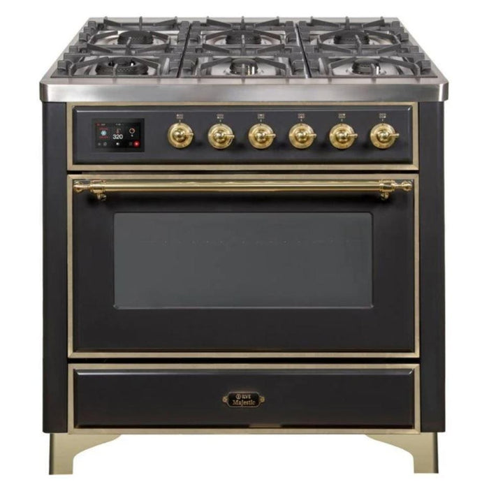 ILVE - Majestic II Series - 36 Inch Dual Fuel Freestanding Range Gas/Propane (UM09FDNS3) - Matte Graphite  Brass Trim