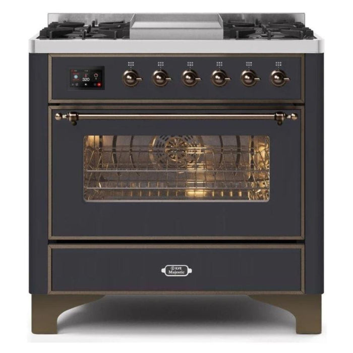 ILVE - Majestic II Series - 36 Inch Dual Fuel Freestanding Range Gas/Propane (UM09FDNS3) - Matte Graphite  Bronze Trim