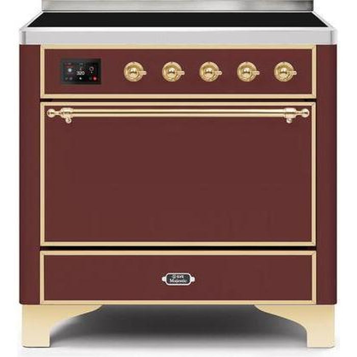 ILVE - Majestic II Series - 36 Inch Electric Freestanding Range (UMI09QNS3) - Burgundy with Brass Trim