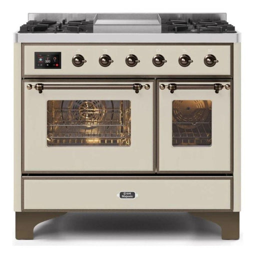 ILVE 40 Inch Majestic II Series Natural Gas/ Propane Gas Burner and Electric Oven with 6 Sealed Burners (UMD10FDNS3) - Antique White with Bronze Trim