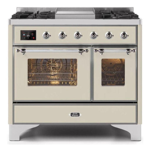 ILVE 40 Inch Majestic II Series Natural Gas/ Propane Gas Burner and Electric Oven with 6 Sealed Burners (UMD10FDNS3) - Antique White with Chrome Trim